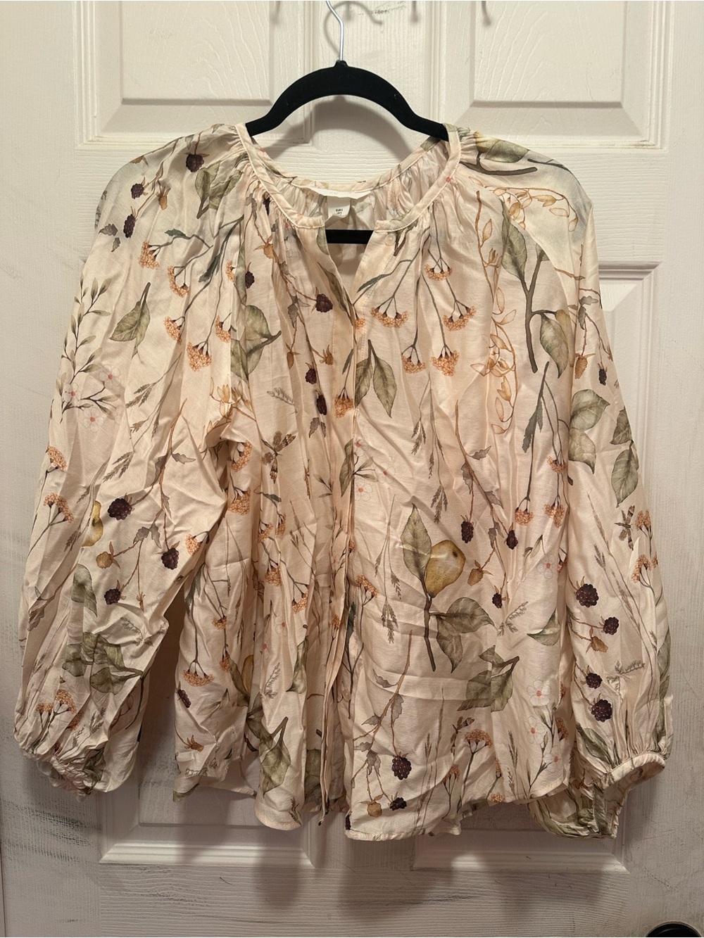 Cream Botanical Floral Peasant Blouse Gathered Autumn Harvest Cottagecore Hobbit